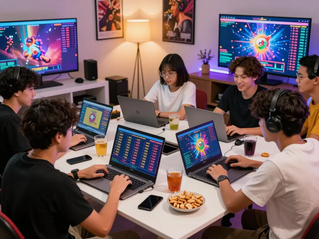 Togel Hongkong players strategizing around table with laptops and vibrant game data