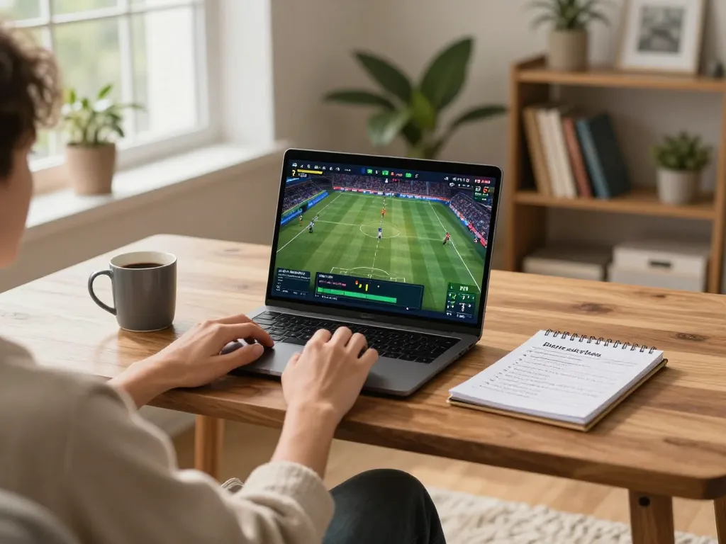 Player analyzing sports betting on fabet website in cozy home setup