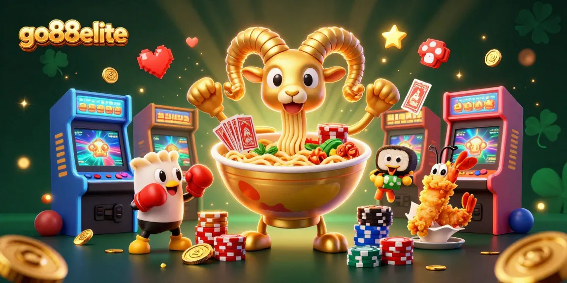 Win big with go88elite as the golden ramen bowl dealer surrounded by vibrant arcade elements.