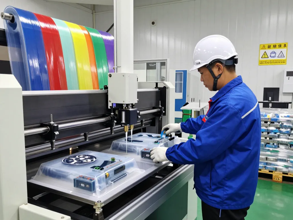 Technician overseeing địa chỉ bóc ép plastic in a modern manufacturing facility with advanced machinery and colorful plastic rolls.