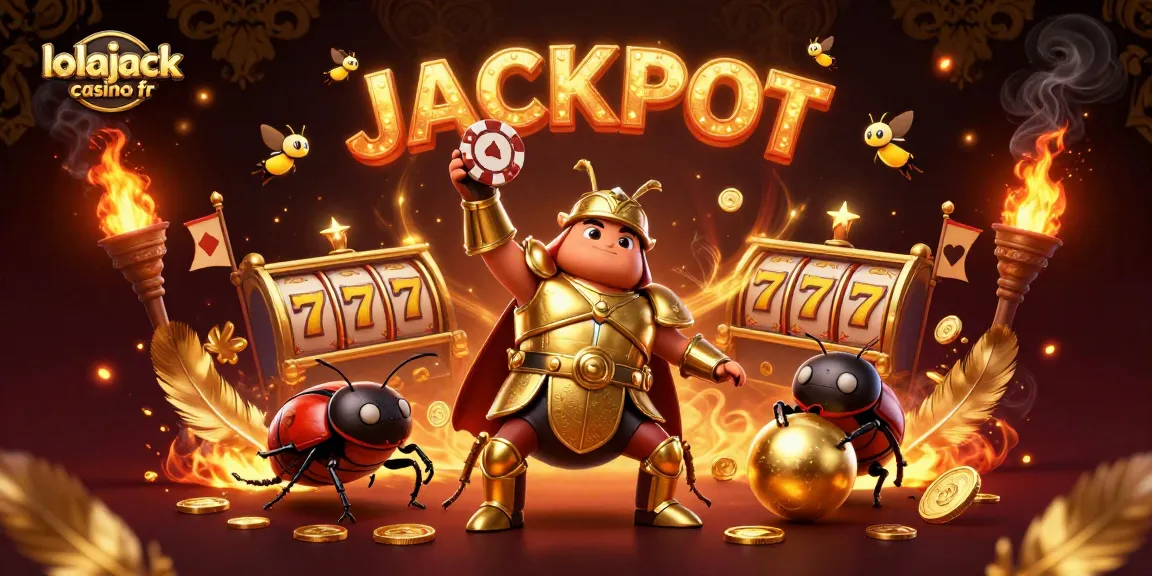 Experience thrilling gameplay at lolajack casino fr with a victorious beetle raising a poker chip amidst a jackpot celebration.