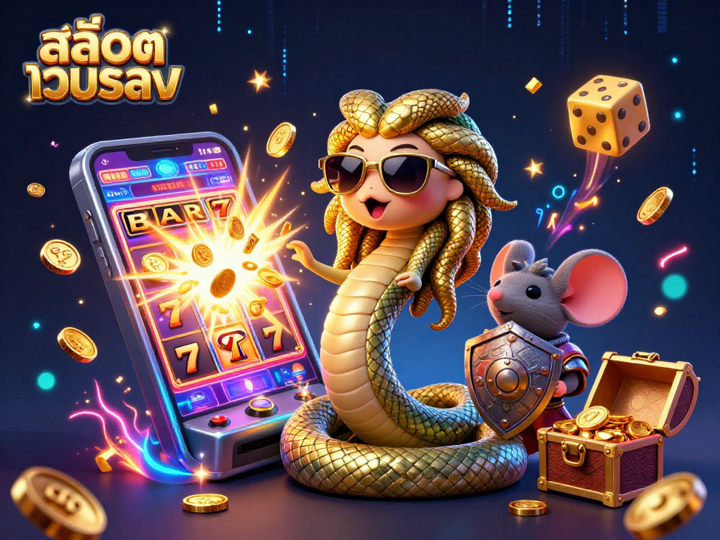Experience thrilling jackpots with สล็อตเว็บตรง featuring a lively Medusa and warrior mouse amidst casino chaos.