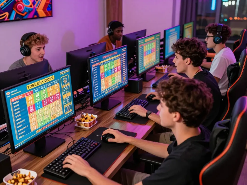 Togel Hongkong players enjoying a thrilling lottery experience with colorful screens and snacks.
