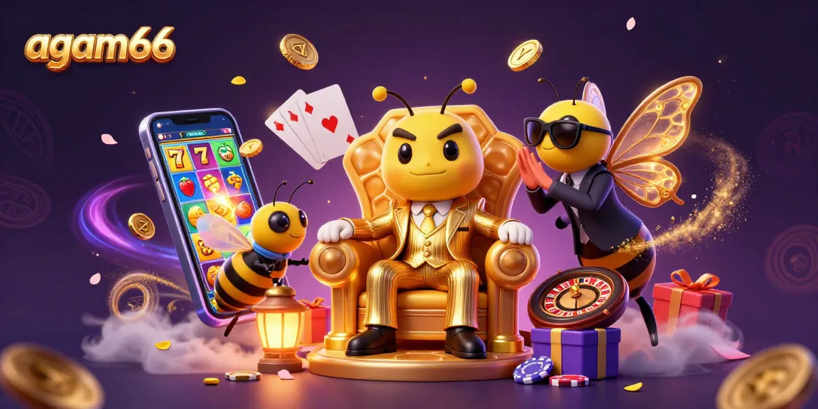 Win big with agam66 in this vibrant casino scene featuring exciting game elements and characters.