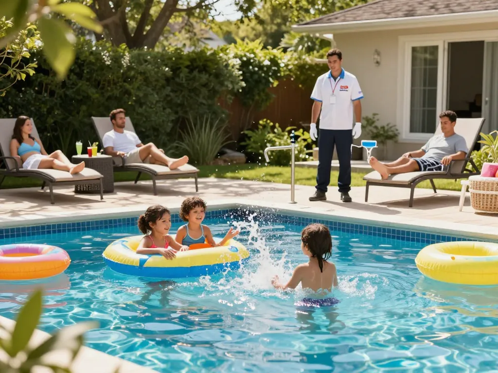 Dolphin Pool Services showcases a family enjoying a well-maintained pool, highlighting expert pool care and summer fun.