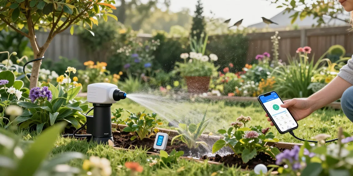 Using the rainpoint automatic watering system in a thriving garden to ensure efficient plant care.