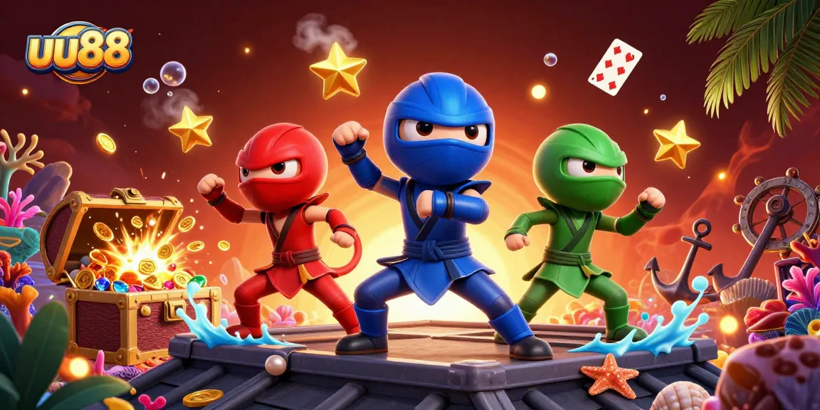 uu88 chameleon ninjas engage in martial arts on a vibrant casino-themed rooftop scene.