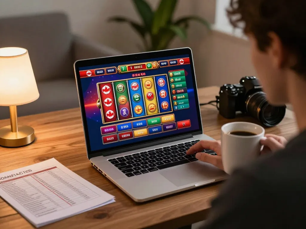 Engaged player exploring online casinos in Canada on a laptop, strategic approach shown with notes and coffee.