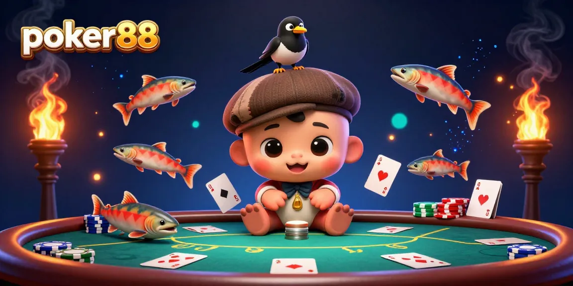 Engage with poker88 in a playful 3D poker scene featuring cartoon characters and vibrant game elements.