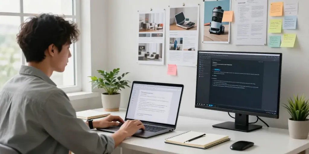 Generate ecommerce category descriptions with AI in a creative home office setting featuring a professional content creator.