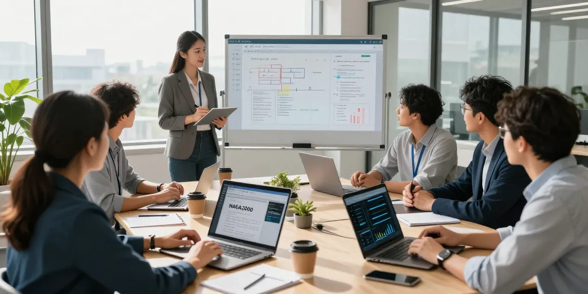 A diverse team collaborating in a modern office while discussing NAGA2000 software metrics and strategies.