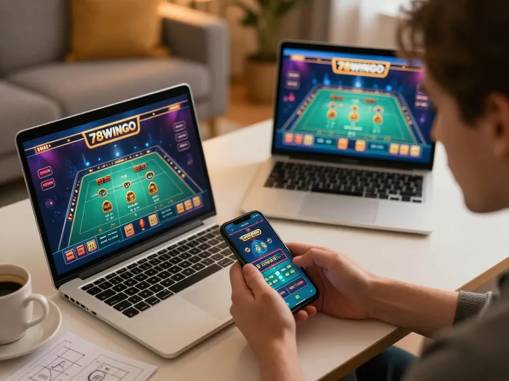 Player enjoying a thrilling game of poker on 78wingo mobile app in a cozy living room setting