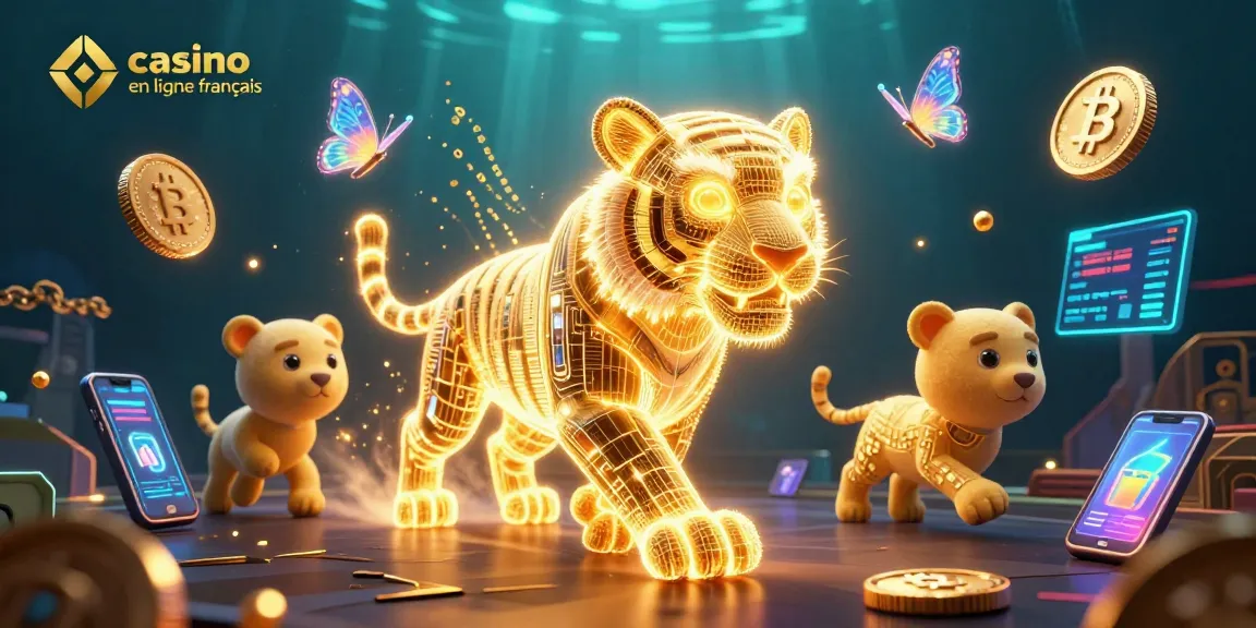 Jouez dans un casino en ligne français avec un tigre incandescent et des éléments de crypto-monnaies.