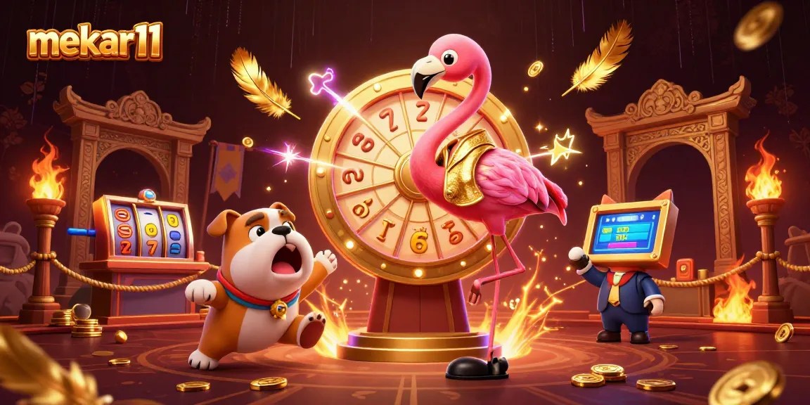 Spin the prize wheel with mekar11 as an exciting bulldog contestant and scoreboard cat assistant reveal winnings in a vibrant casino scene.