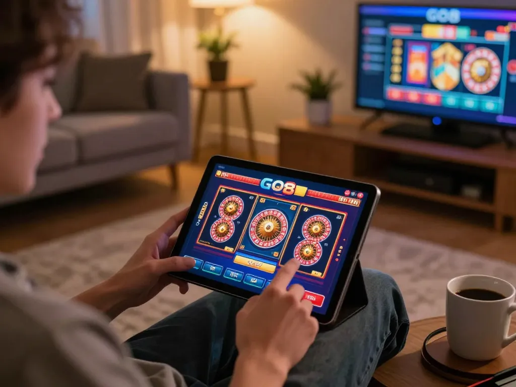 Engaging in thrilling GO8 online casino gaming session with tablet, showcasing vibrant game graphics.