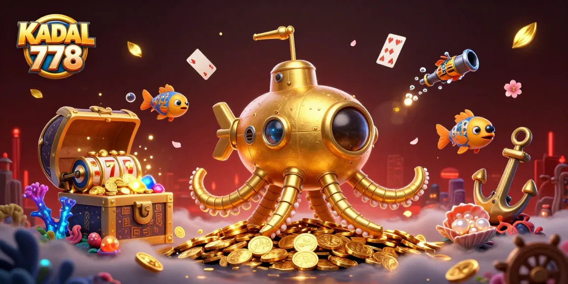 Engage with KADAL 778, a vibrant 3D illustration showcasing thrilling slot game elements amidst a golden underwater adventure.