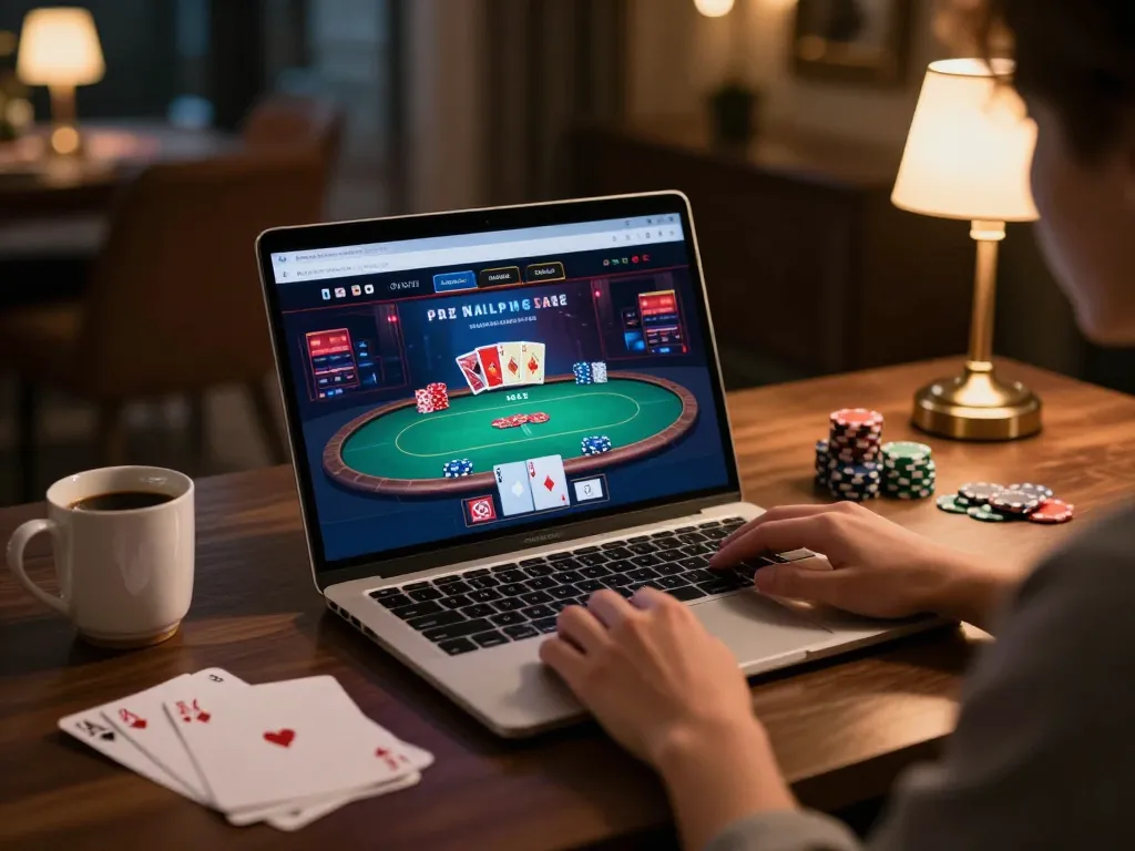 Engaged in strategic poker gameplay on the 58wiin online platform from a cozy home workspace.