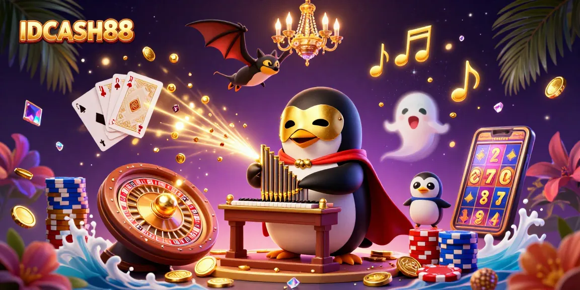 Experience the thrill with IDCASH88; watch a cartoon penguin playing an organ shooting coins.
