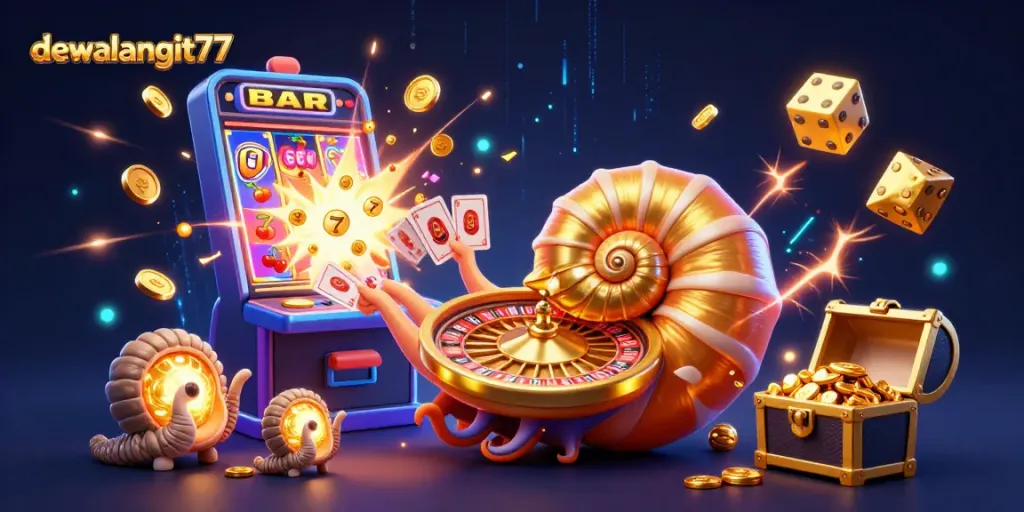 Jelajahi dunia perjudian yang menggetarkan dengan dewalangit77, menampilkan nautilus 3D dan simbol kasino yang memikat.
