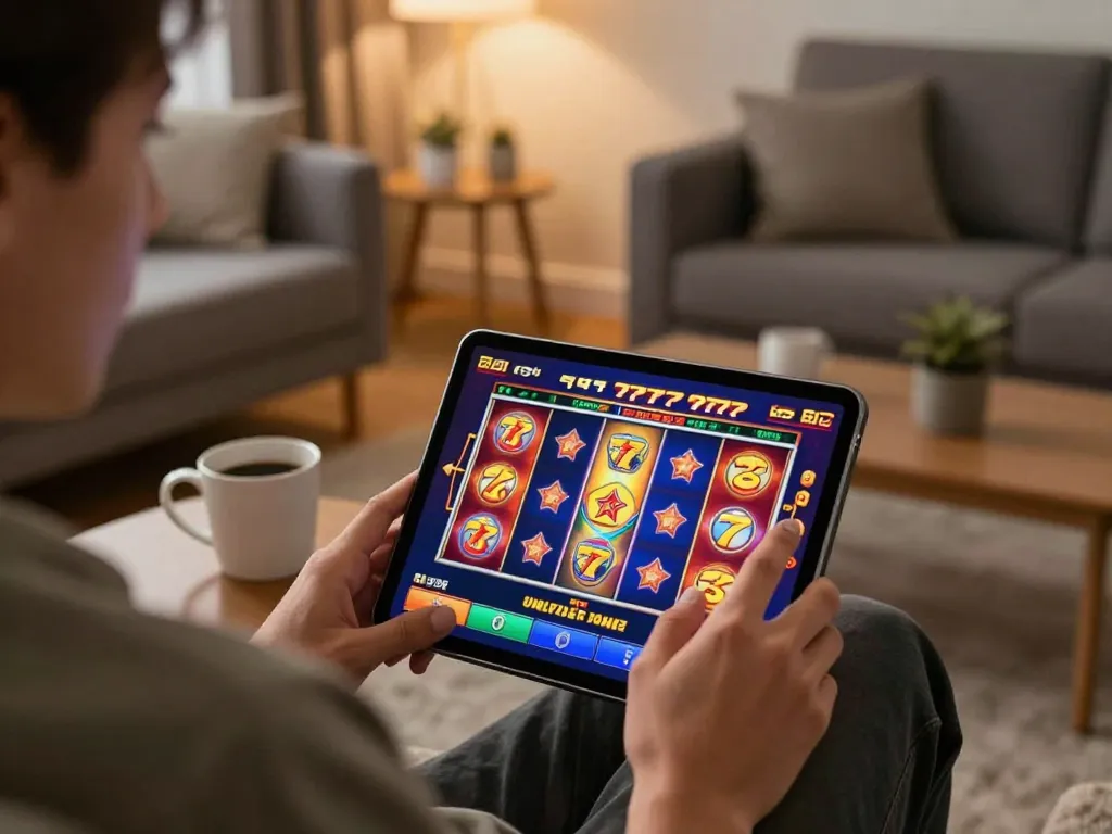 Engaging gameplay on slot777 in a cozy living room with a tablet and warm ambiance.
