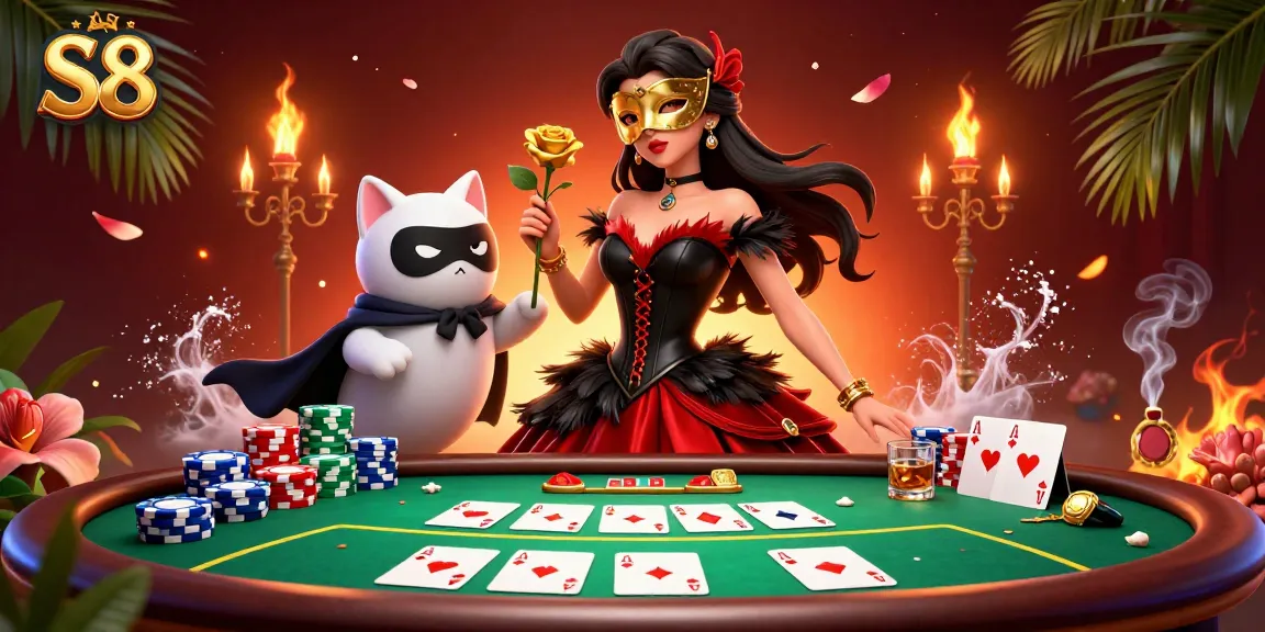 Engage in thrilling gameplay at S8, showcasing a vibrant poker table with chips and cards, capturing the casino ambiance.