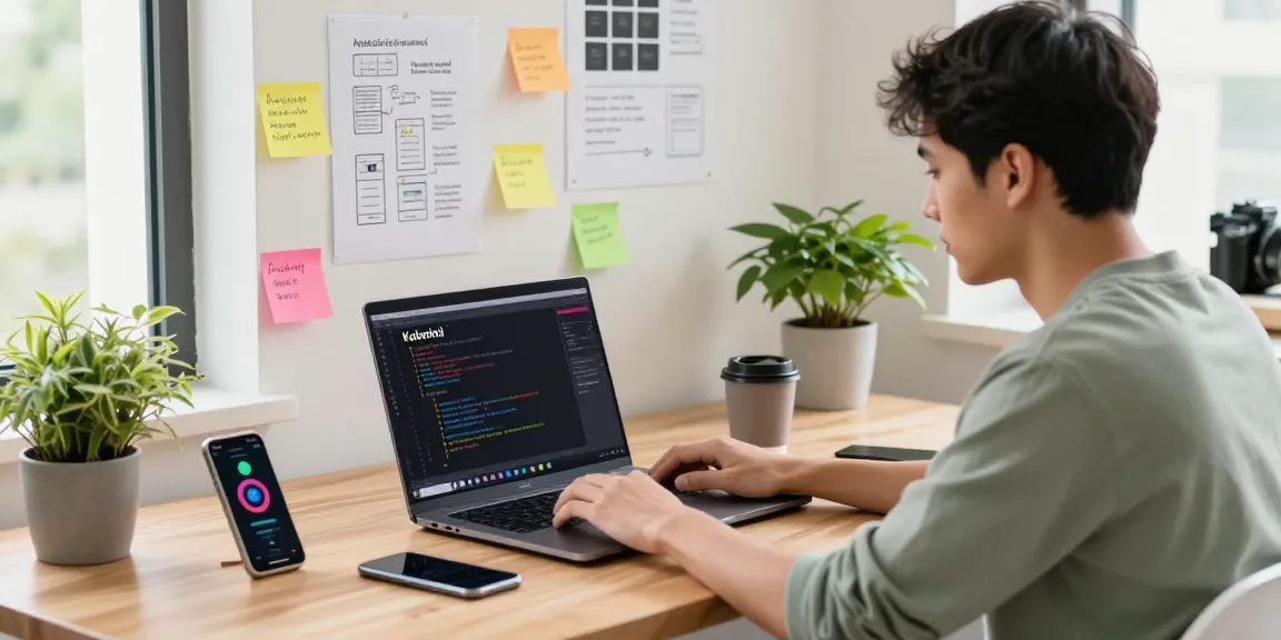 Creating an Android fitness app project tutorial with a developer coding in Kotlin at a modern workspace.