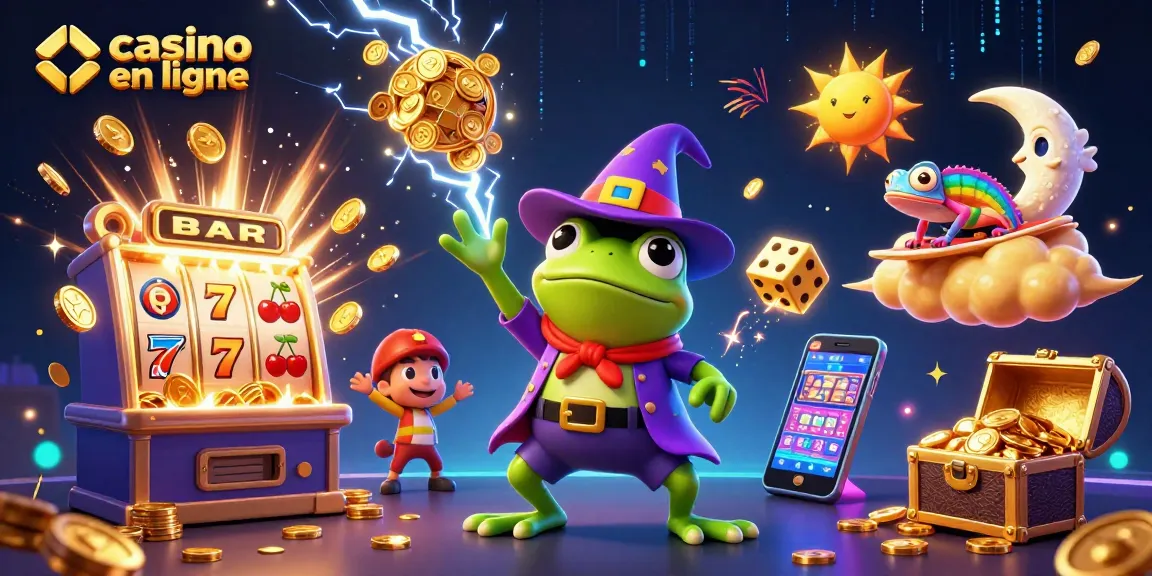 Faites exploser des pièces d'or sur le casino en ligne, avec un magicien grenouille et un caméléon dans une scène dynamique.