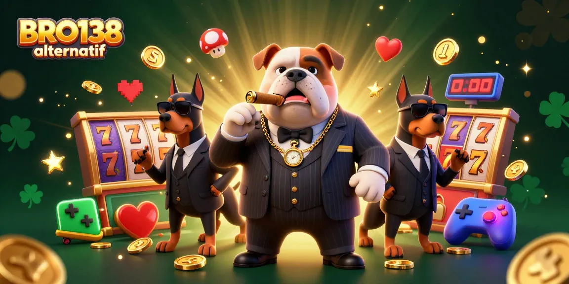 Engage in thrilling gameplay at BRO138 alternatif with a dynamic casino scene featuring charismatic characters and slot elements.