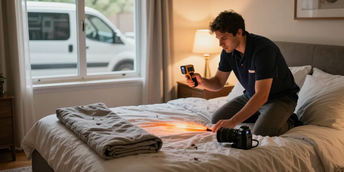 bed bug heat treatment technician preparing discreetly in a cozy bedroom