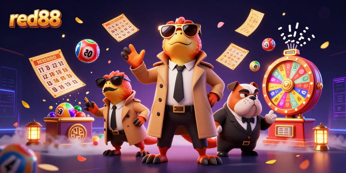 Experience the excitement of red88 with 3D cartoon raptors entering a VIP casino lounge surrounded by dynamic lottery elements.