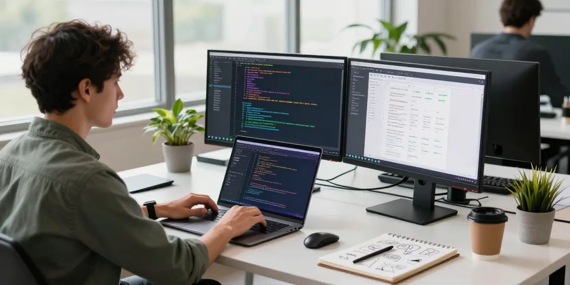 Developer coding on laptop in a vibrant workspace showcasing 纸飞机中文版 features.