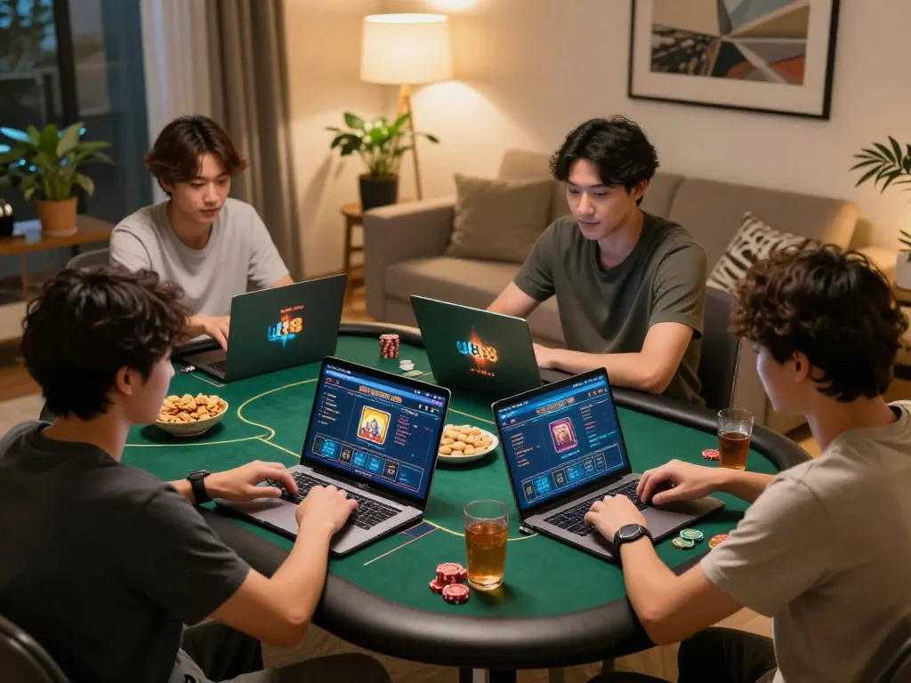Engaged players using u888 online poker setup with laptops and snacks in cozy atmosphere.