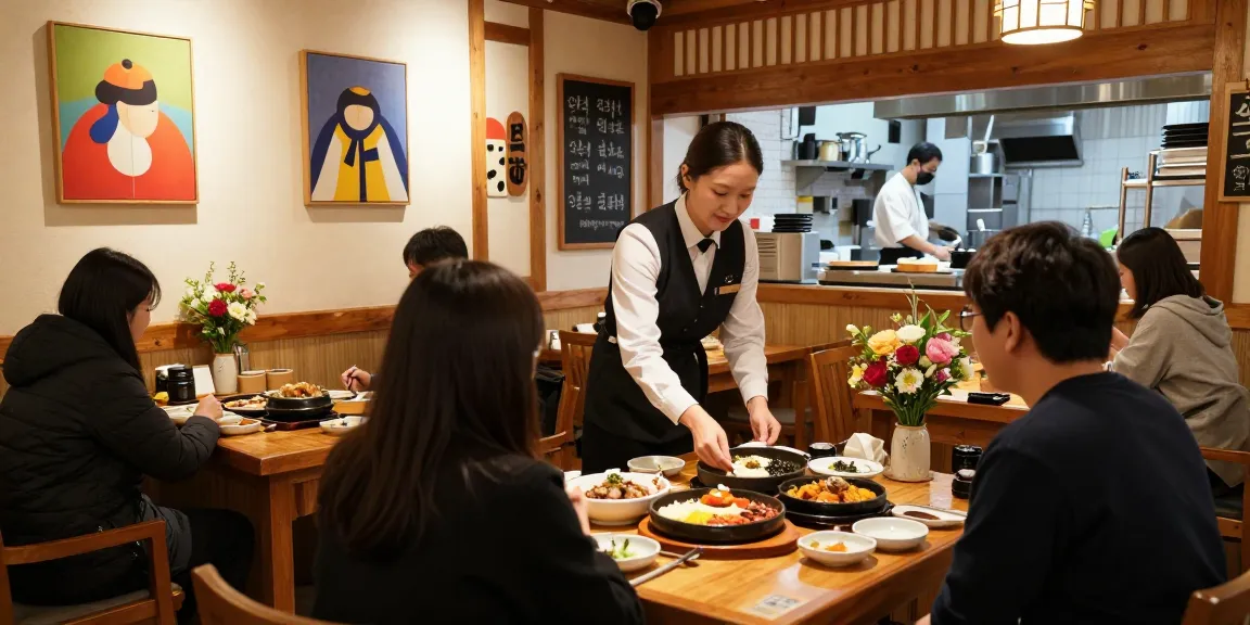 Welcoming Sangbong-dong 한국관 restaurant interior with vibrant Korean dishes and warm ambiance.