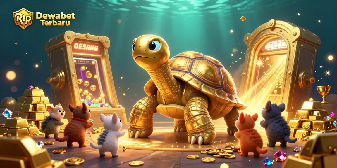Engage with Rtp Dewabet Terbaru through an exciting 3D illustration of a colossal tortoise pinball machine surrounded by treasure.