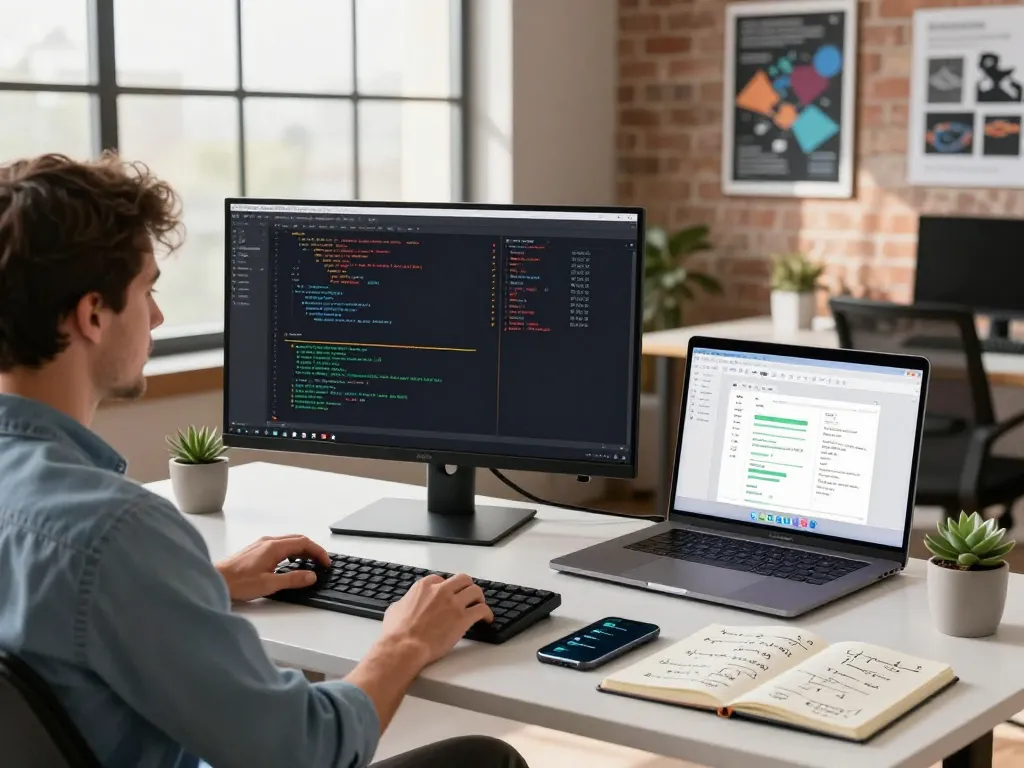 Developer working on clawdbot in a tech workspace with dual monitors and coding tools.