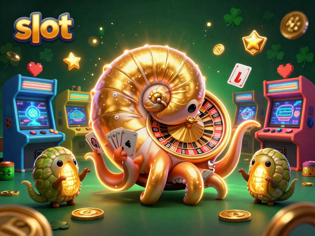 Experience thrilling slot gameplay with a 3D nautilus roulette wheel and glowing game machines.