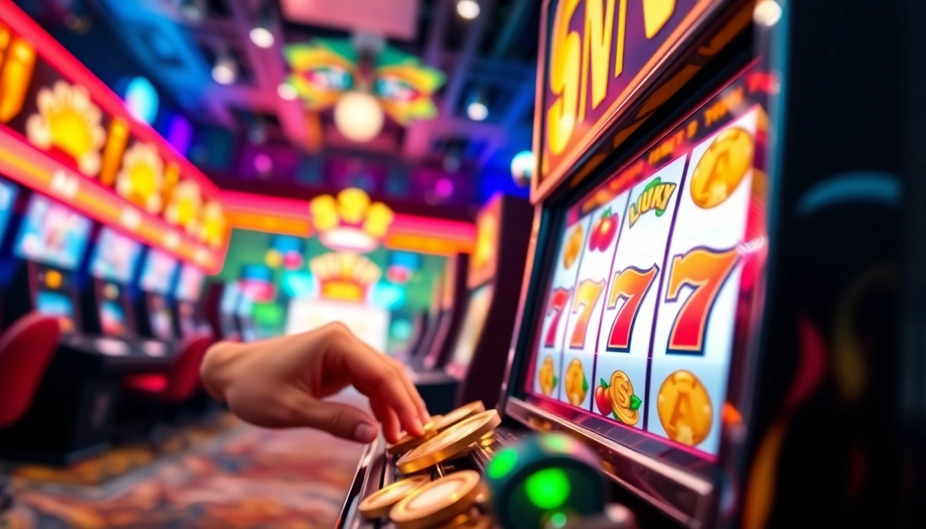 Main slot machine of Slot77, featuring bright symbols and an exciting casino atmosphere.