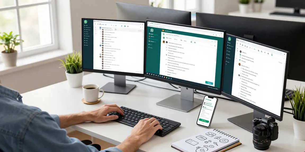 Engaging with WhatsApp網頁版 on a desktop, showcasing a modern workspace with tech devices and a cozy atmosphere.