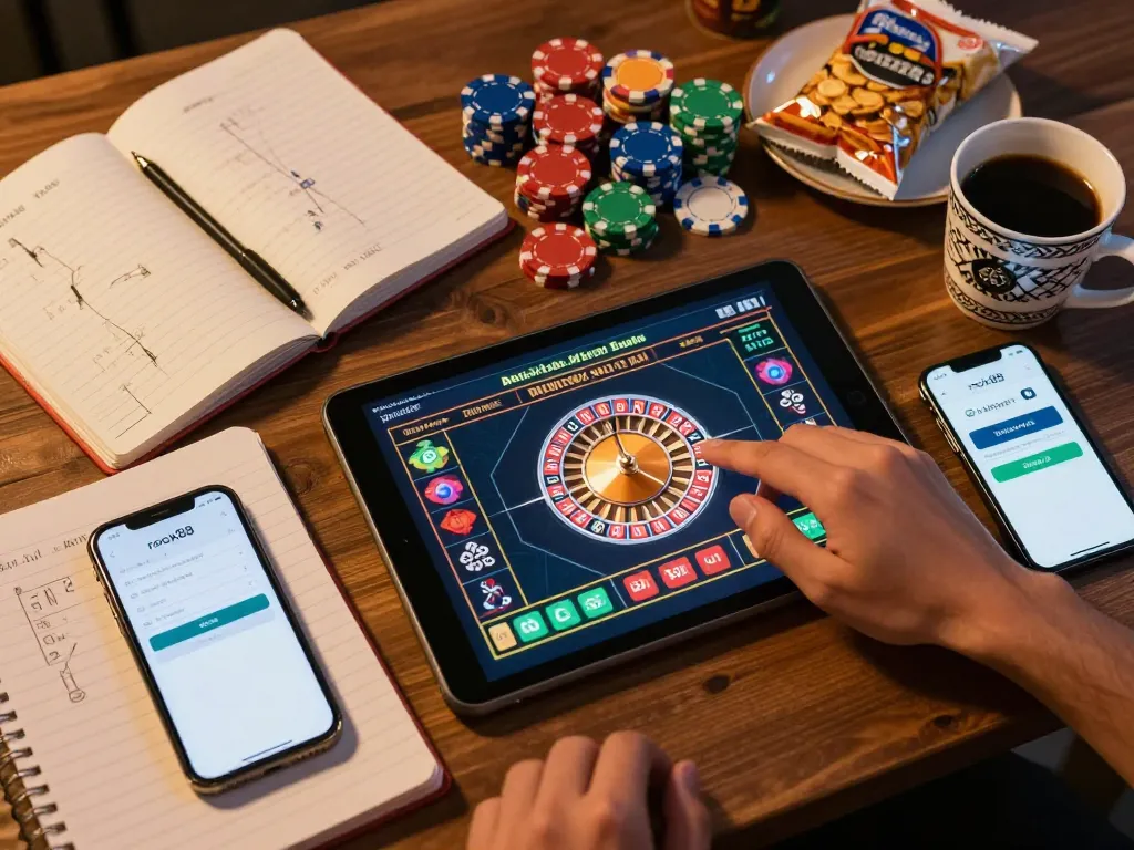 Engaging scene of online roulette gameplay with rokok88 login visible on tablet, emphasizing strategic gambling.