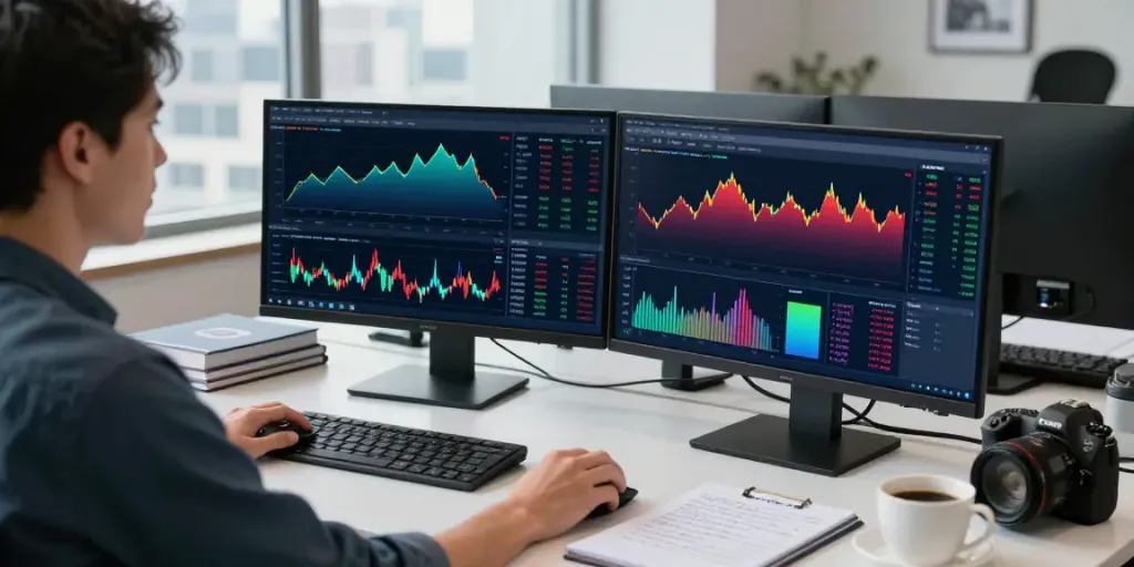 Trader analyzing market data on MetaTrader 5 in a modern office setup