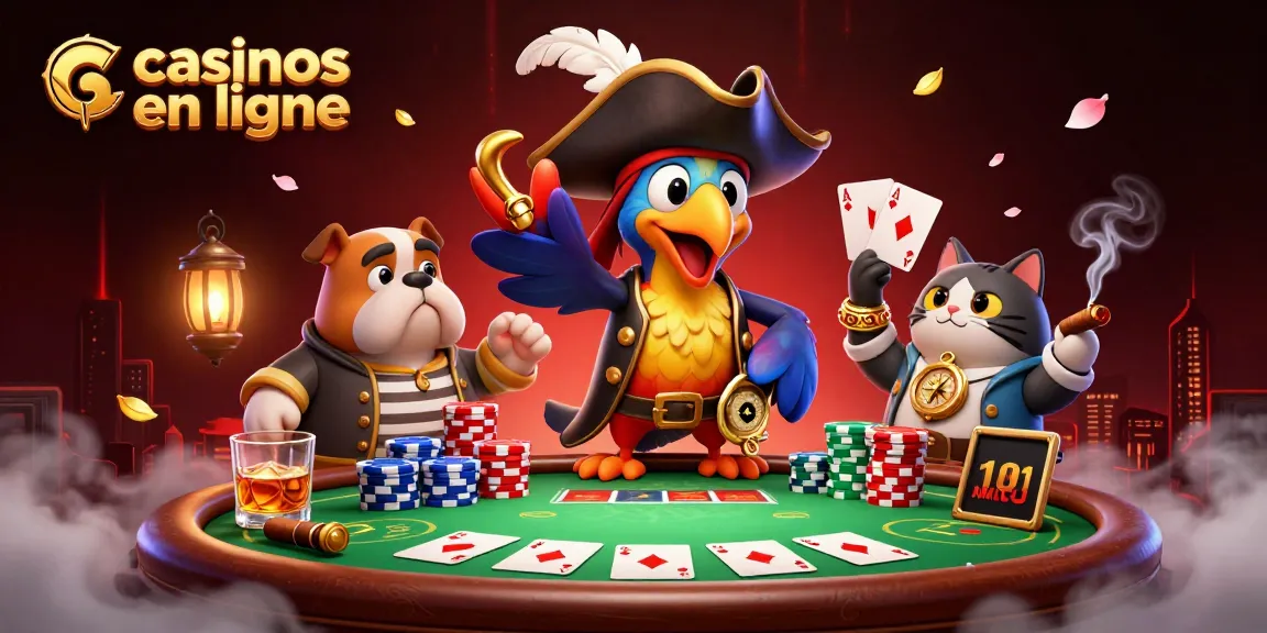 Vivez l'excitation des jeux de casinos en ligne avec des personnages animés captivants et des cartes en jeu.