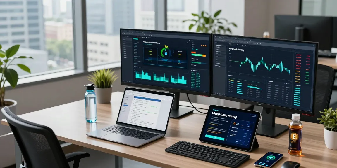 Automated bitcoin mining setup in a modern workspace with cryptocurrency software interfaces and a digital wallet.