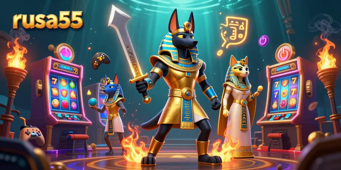 Engage in thrilling jackpots with rusa55 featuring Anubis and Bastet amid vibrant slot machines.