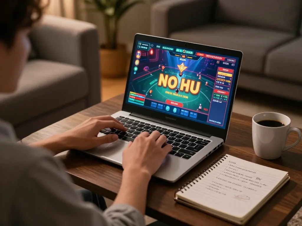 Playing no hu online on a laptop in a cozy living room with gaming strategy notes.