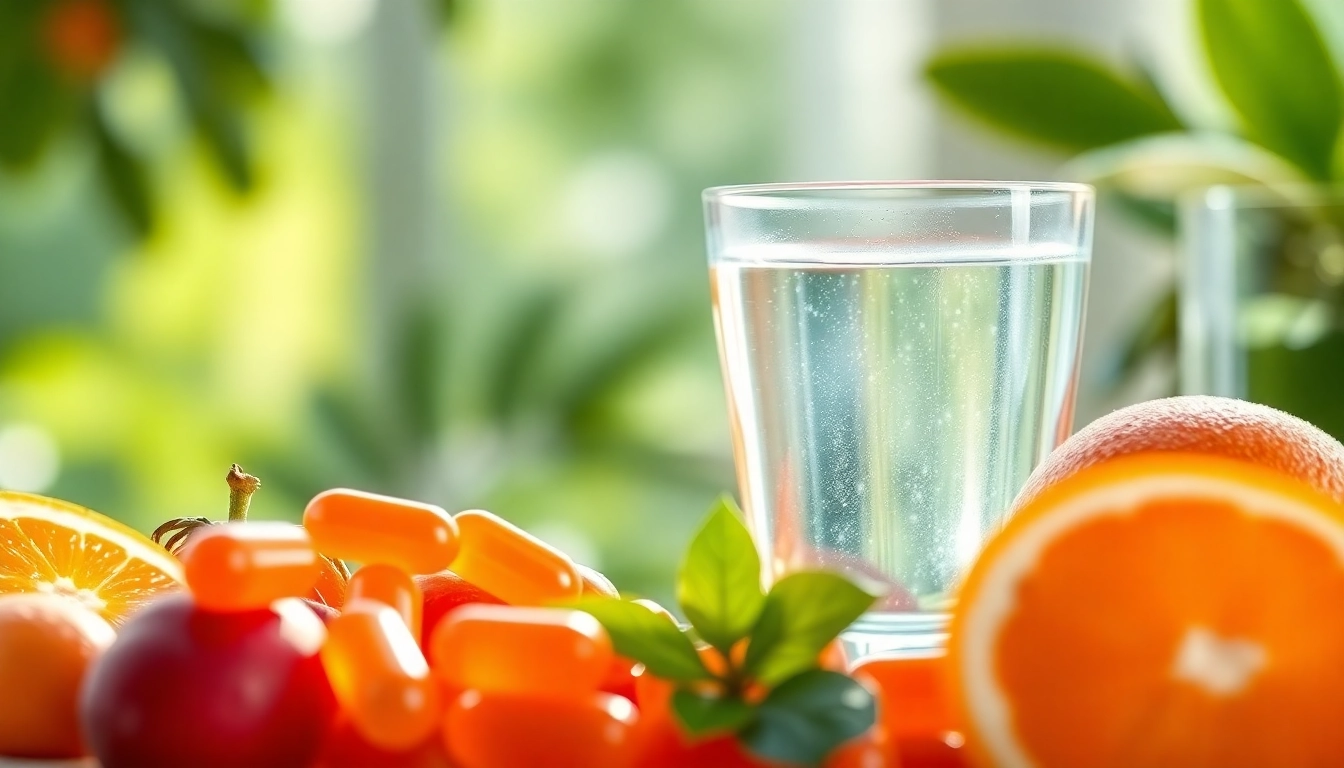 Showcase astaxanthin for anti aging capsules amidst refreshing fruits in a serene spa environment.