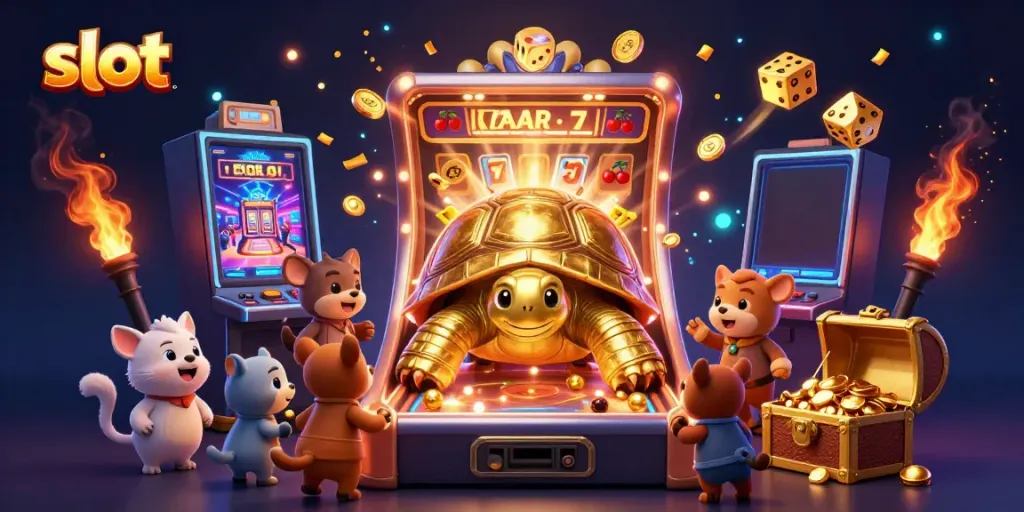 Permainan slot menampilkan kura-kura emas kartun raksasa, mesin slot, dan koin emas meledak.
