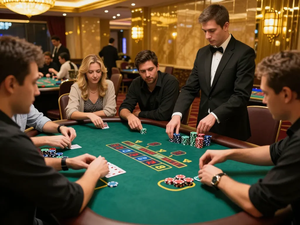 Kim99 players engage in an exhilarating blackjack game, showcasing excitement and strategy at a luxury casino table.