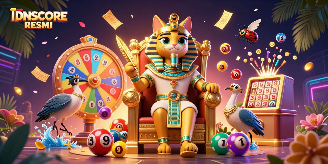 Experience the vibrant world of IDNSCORE RESMI, featuring an Egyptian pharaoh cat surrounded by dynamic lottery elements.