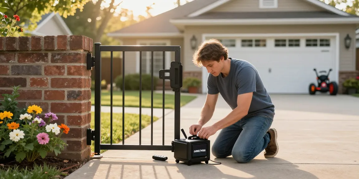 Mighty Mule gate opener not working, homeowner troubleshooting issues in the driveway.
