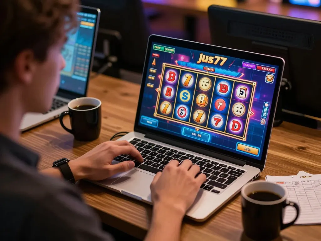 Engaged player spins slots on jus77 casino platform in a cozy home setting.